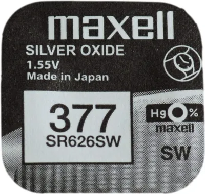 A close-up of a Maxell 377 Silver Oxide battery label.