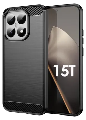 A black carbon fiber phone case is shown next to a smartphone displaying the text '15T'.
