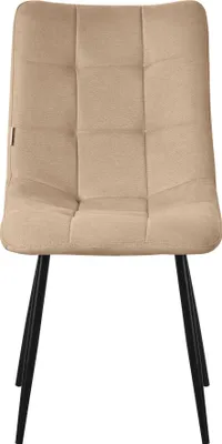 A single chair with a beige fabric seat and back, supported by four black metal legs.