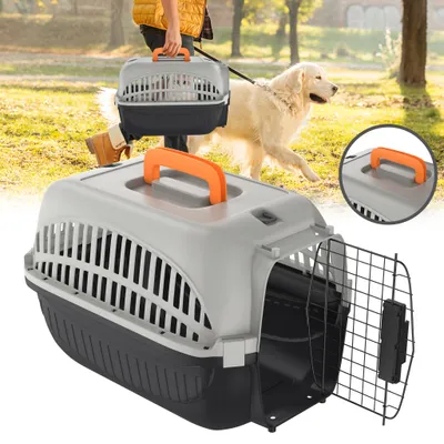 Productafbeelding van QEENTOE Transportbox voor honden en katten, kunststof huisdierenbox voor kleine honden en katten, transportbox met opening aan de voorkant en bovenkant, 61x37x37 cm