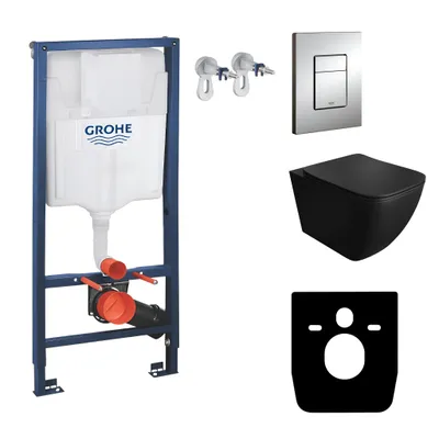 Produktbild von GROHE Vorwandelement Solido + Wand Hänge WC Onil Schwarz Spülrandlos + WC-Sitz SoftClose | Verchromter Knopf | Komplettset | Unterputz Spülkasten |  Toilette Komplett Sett
