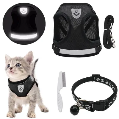 Produktbild von Katzengeschirr mit Leine Set, Ausbruchsicher Verstellbar, Weste mit Reflektierenden Streifen, für Kitten Hunde, S, Schwarz