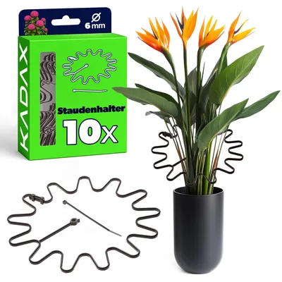 Produktbild von KADAX Staudenhalter Ø 21 cm im 10er Set, Pflanzenhalter Rund mit Kabelbinder, Hortensienhalter aus Kunststoff, Pflanzenstütze für Hortensien, Blumenhalter (Braun)
