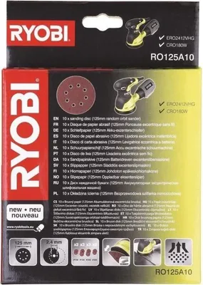 Zdjęcie produktu dla Tarcze szlifierskie RYOBI 125 mm, z mocowaniem na rzep, ziarnistość 100/120/240/320, 10 sztuk, do szlifierek mimośrodowych