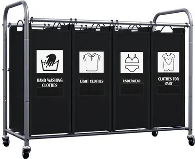 Produktbild von Unyqoos® Wäschesortierer mit 4 Fächern auf Rollen – 4 abnehmbare Stoffbeutel, 6 Sortierkarten, schwarz, Modell ULSCM04B