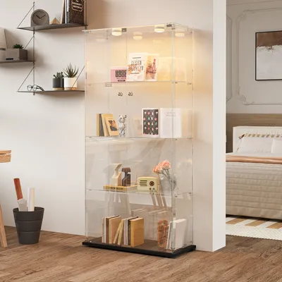 Produktbild von UnboxG Vitrine mit LED Beleuchtung und Glastüren, Sammlervitrine, 4-Lagen Vitrine Weiß Glasvitrine Staubdicht, für Hochschränk, für Küchen Wohnzimmer Schlafzimmer Büro Sammlervitr in Schwarz