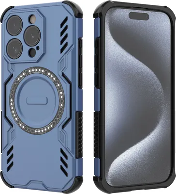 Produktbild von Magnetisch Hülle für iPhone 15 Pro, Hybrid PC TPU Bumper Stoßfestes Loch Wärmeableitung Handyhülle Blau