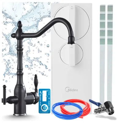 Imagen del producto de Grifo de cocina con sistema de filtración de agua por ósmosis inversa, modelo Ari Retro 2, grifo de dos mandos, giratorio 360 grados, cartucho cerámico, 400 GPD, latón, color mate