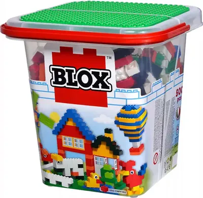 Produktbild von Simba Blox 500 Bausteine im Eimer, für Kinder ab 3 Jahren, Verschiedene Steine, Fenster & Türen, mit Grundplatte, vollkompatibel, farblich gemischt