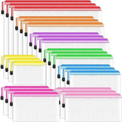 Produktbild von Famanu Dokumententaschen mit Reißverschluss, 24 Stück, 8 Größen, Kunststoff-Netz, für Schule, Büro, Reisen, 12 Farben