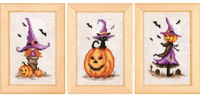 Produktbild von Vervaco Kreuzstich Stickpackung "Halloween" 3er Set, Zählmuster, 8x12cm
