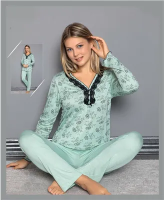 Produktbild von Damen Pyjama Schlafanzug Grün XXL Lang Viskose 2-Teiler Set S-31