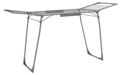Image de Porte-vêtements en acier gris, pliable, léger, dimensions : 56,5 x 173 x 96,5 cm
