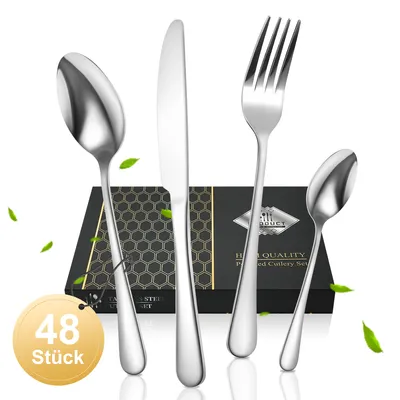 Produktbild von 7MAGIC Edelstahl Besteck Set 12 Personen, Essbesteck Set 48 teilig, Monobloc-Messer, Bestehend aus Messer, Gabel, Löffe, spülmaschinenfest, Silber