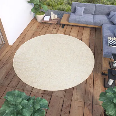 Produktbild von Teppich Rund Outdoor Indoor Wohnzimmer Schlafzimmer Modern Design Terrasse Balkon Creme 80 x 80 cm
