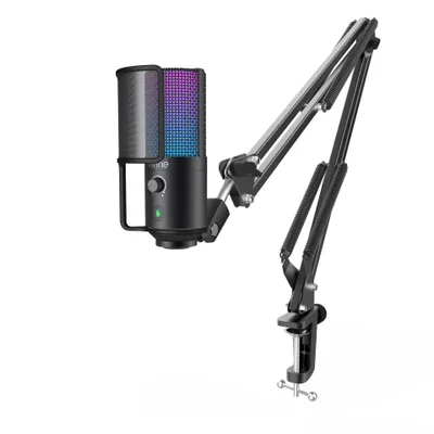 Produktbild von FIFINE USB RGB Mikrofon für PC, Streaming & Podcast, Gaming Mikrofon mit Arm, Popfilter, Shock Mount, Stummschaltung & Gain-Regler, kompatibel mit PS4