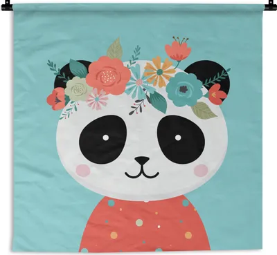 Produktbild von MuchoWow® Wandteppich Wandbehang Panda - Blumen - Tiere 150x150 cm Tapisserie Dekoration Wandtuch - Wohnaccessoires - Modernes