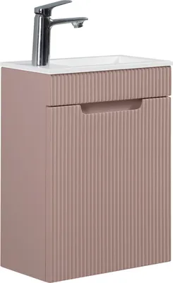 A rose matt bathroom vanity set with a chrome faucet.