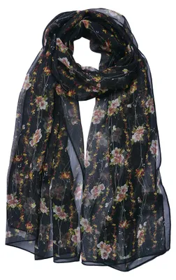 Produktbild von Clayre & Eef Gemusterter Damenschal 50x160 cm Schwarz Synthetisch Blumen