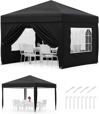 Produktbild von Gartenpavillon - Faltpavillon 3 x 3 m - Wasserdicht - UV-Schutz UPF 50+ - Mit 4 Seitenteilen - Mit Sandsäcken, Heringen, Seilen & Tragetasche - Schwarz