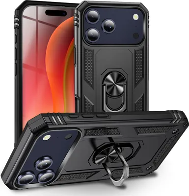 Produktbild von Hülle mit Ring "RingDefend" für Apple iPhone 17 Pro - Extrem Robust, Fallschutz, Finger-Halter & Ständer, Military Style - Vulkanschwarz