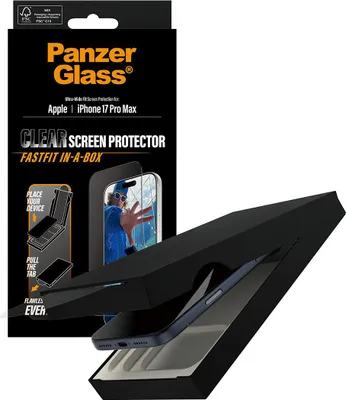 A product box for a screen protector is shown, with a phone and its packaging displayed in the foreground.