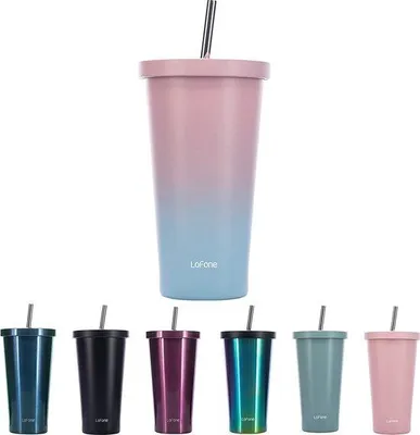 Imagen del producto de Unyqoos® Vaso aislante de 500 ml – Acero inoxidable, taza térmica de doble pared con pajita, aislamiento al vacío para bebidas calientes y frías (Rosa/Azul)