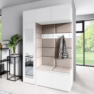 Produktbild von Garderoben-Set "MIKA", Kleiderschrank mit Polsterplatten, Schuhschrank, Schrankaufsatz und Hängeschrank – Ideal für Eingangsbereich (Weiß, Trinity 05)