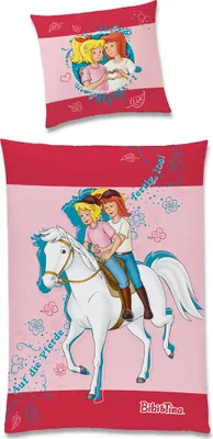 A bedding set featuring cartoon characters Bibi and Tina riding a white horse.