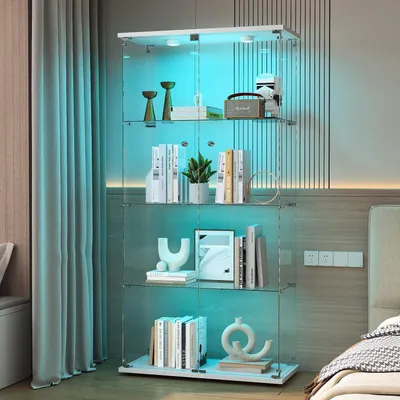 Obrázok produktu pre Sklenená vitrína, stojaca, 4 police, sklo a drevo, 2 dvere s LED osvetlením a zámkom, biela, 164 x 80,5 x 36,5 cm