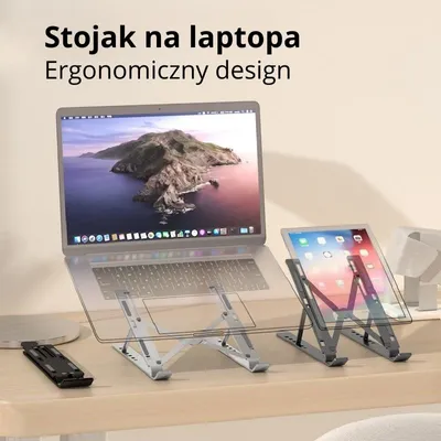Zdjęcie produktu dla Regulowana podstawka pod laptopa Aluminiowy, składany uchwyt na notebooka MacBook - srebrny