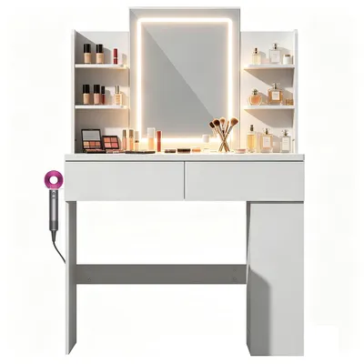 Produktbild von Schminktisch Mit Spiegel Mit Schubladen Mit verstellbarer LED-Beleuchtung Frisiertisch Kosmetiktisch 90 x 40 x 135 cm, Weiß