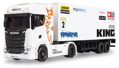 Imagen del producto de Amewi Mini-Scania 730 S con remolque de plataforma, escala 1:64, listo para usar, color blanco