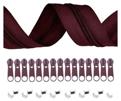 5m Endlos-Reißverschluss 3mm mit 10 Zippern und 15 Endstücke bordeaux