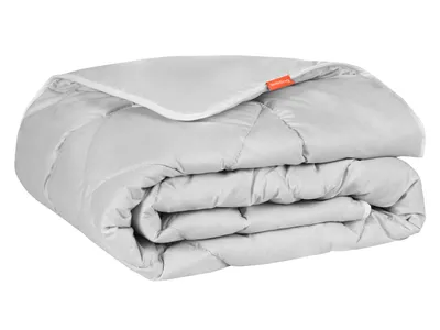 A folded gray duvet on a white background.