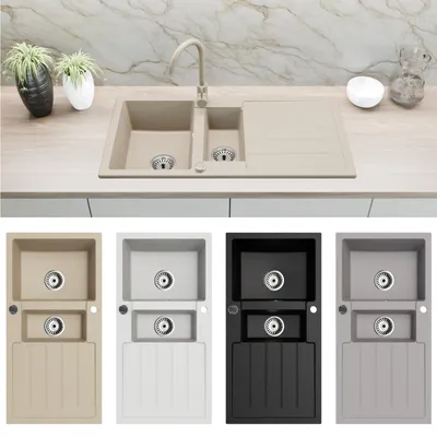 Produktbild von Granitspüle Spülbecken Küchenspüle Einbauspüle 100x50 cm 2 Becken mit Abtropffläche mit Armatur Beige