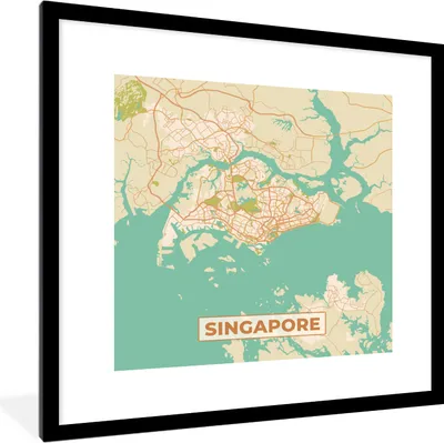 Produktbild von MuchoWow® Gerahmtes Poster Singapur - Karte - Stadtplan - Vintage - Karte 40x40 cm - Poster mit Schwarzem Bilderrahmen Wandposter Rahmen Foto Bilder - Poster - Plakat im Rahmen