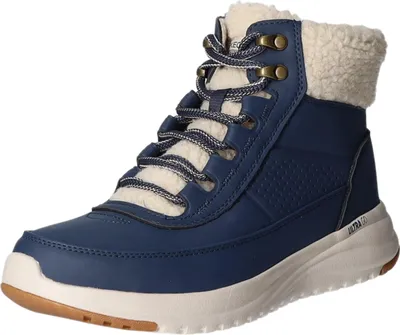 A single blue winter boot with cream-colored lining.