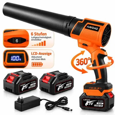 Zdjęcie produktu dla Akumulatorowa Dmuchawa do Liści 1500W 21V, Brushless, 50 m/s, 6 Biegów + Turbo, 2×4,0Ah, Uchwyt Obracany 180°, do Ogrodu, Auta & Suszenia Włosów