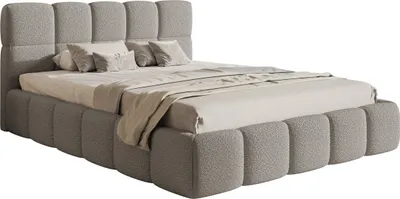 A bed with a headboard and frame upholstered in gray boucle fabric, shown against a white background.