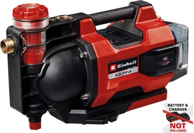 A red and black Einhell AQUINNA automatic battery garden pump is shown against a white background.