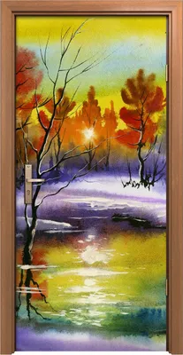 Produktbild von Türposter 90x200 cm Türaufkleber Türtapete Türfolie Klebefolie See im Wald Aquarell Landschaft