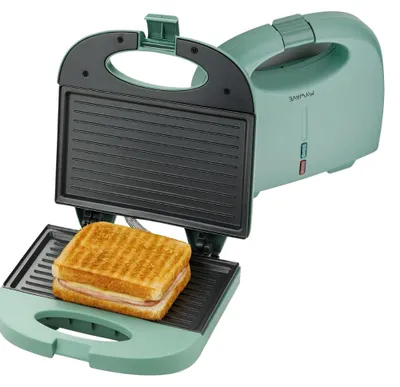 Sandwichmaker 750 W, Antihaft-Grillplatten, 90° Öffnung, Grün, Retro