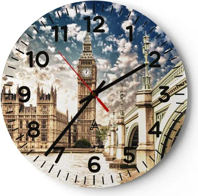 Produktbild von Wanduhr - Rund - Glasuhr - London architektur big ben - 30x30cm - Schleichendes Uhrwerk - Lautlos - zum Aufhängen bereit - Dekoration Modern - Wanddekoration aus Glas - C4AR30x30-2415