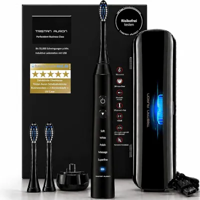 Obrázok produktu pre Cestovná sada elektrickej sonickej zubnej kefky s UV puzdrom, 55 000 vibrácií, 5 režimov, výdrž batérie 60 dní, časovač a 2 hlavice, IPX7