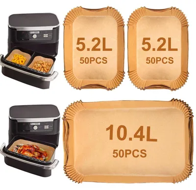 Produktbild von Backpapier 150 Stück für Heißluftfritteusen, Antihaft, kompatibel mit Ninja Foodi Flexdrawer 10,4L, Cosori Dual Blaze 10L, Cecotec 9L, Instant 8,5L, Duronic AF34 10L