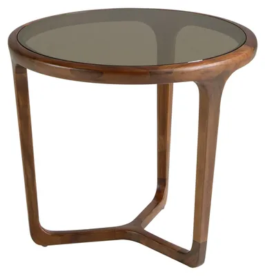Immagine prodotto di Tavolino rotondo con piano in vetro fumé marrone e gambe in legno di noce, modello 2155