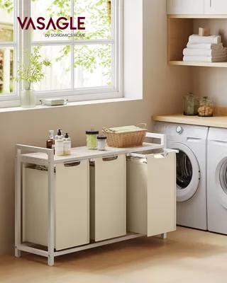 Produktbild von VASAGLE Wäschekorb 3 Fächer, Wäschesammler mit Ablage, Wäschebox, Wäschesack ausziehbar abnehmbar, 3 x 40 L, beige