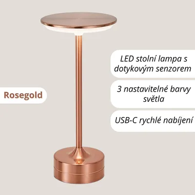 Obrázek produktu pro LED stolní lampa s dotykovým senzorem – 3 úrovně barevného světla, stmívatelná – USB dobíjecí & bezdrátová – Moderní noční lampička – Rosegold