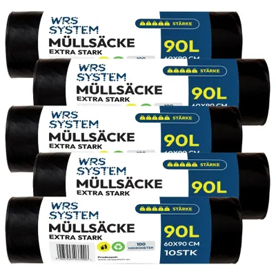 Produktbild von WRS System 5er Set Müllsäcke 90L 5x10 Stk. Strapazierfähige Müllbeutel Mülltüte Bausäcke Bauschuttsäcke